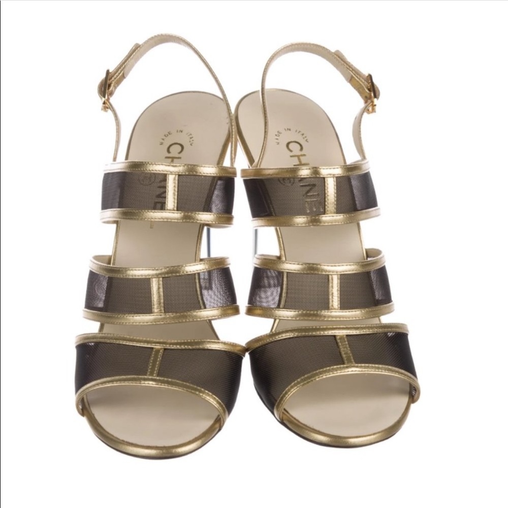 Chanel Mesh Sling Back Sandals with Lucite Heel.